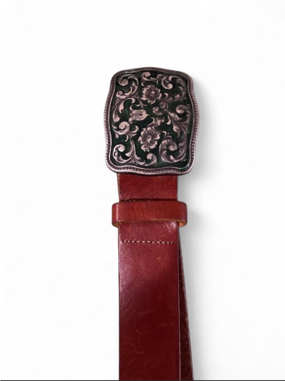Vintage-GAP Floral Engraved Leather Cuff Bracelet - Green & Brown